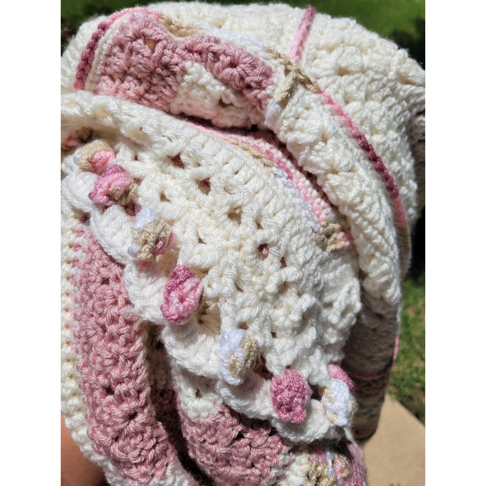 Handmade Large Throw Afghan Pink and White Snowflake Granny Square Design